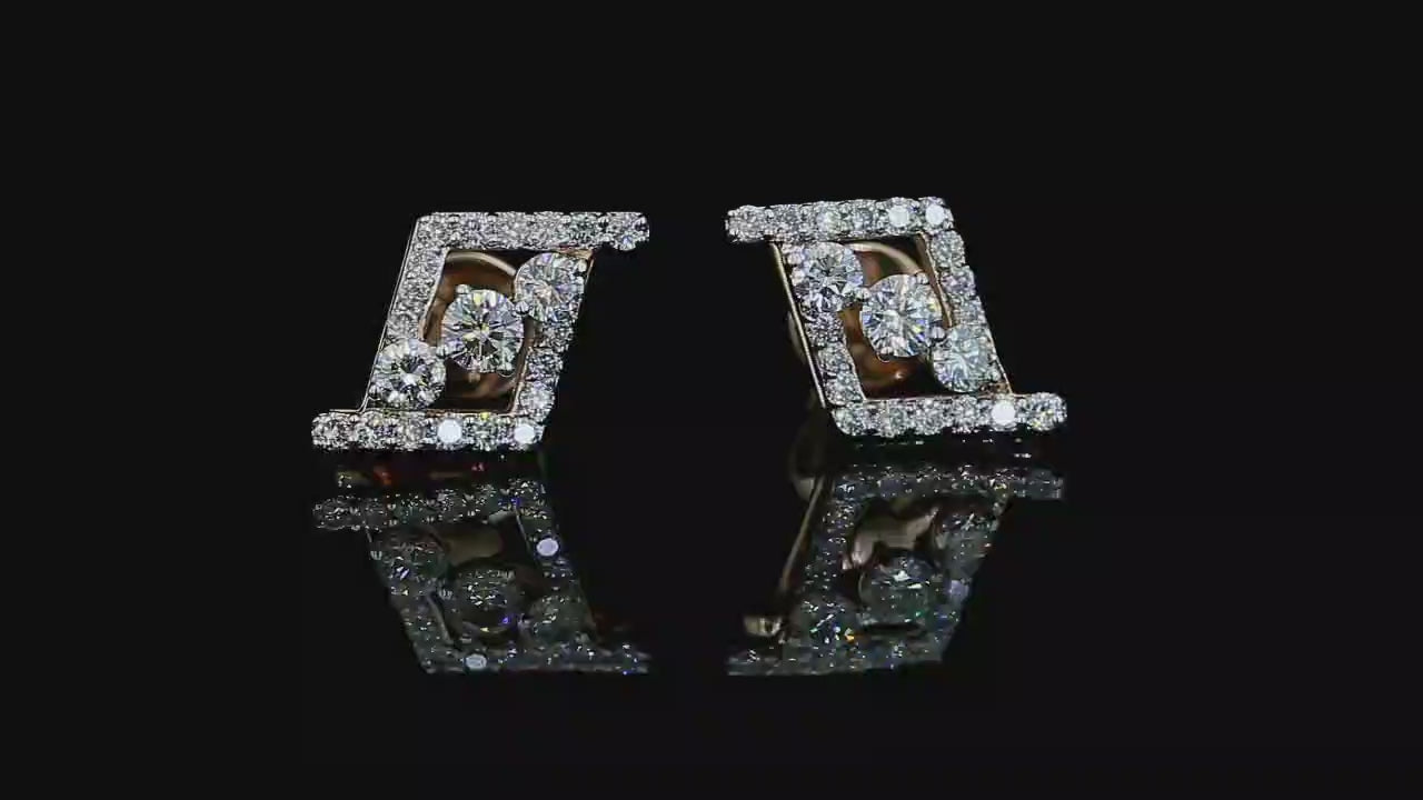 360-degree view of yellow gold geometric earrings with round lab grown diamonds