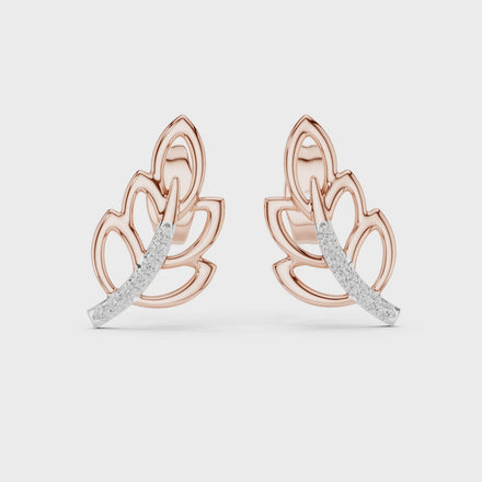 Diamond leaf stud earrings in gold with round brilliant CVD diamonds