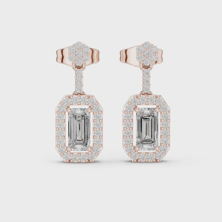 Oval halo lab grown diamond geometric drop earrings in gold by Signora Jewels