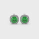 Green cushion cut gemstone stud earrings with double diamond halo in gold