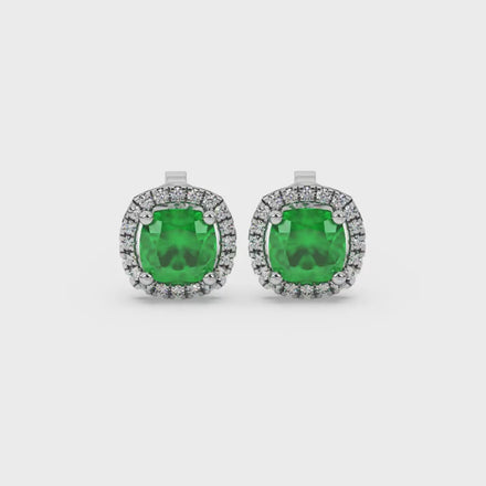 Green cushion cut gemstone stud earrings with double diamond halo in gold