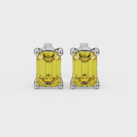 Emerald Cut Yellow Gemstone Solitaire Stud Earrings in Rose Gold Four Prong Setting