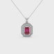Emerald cut red gemstone double halo pendant with octagonal diamond frame in gold