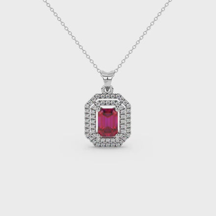 Emerald cut red gemstone double halo pendant with octagonal diamond frame in gold