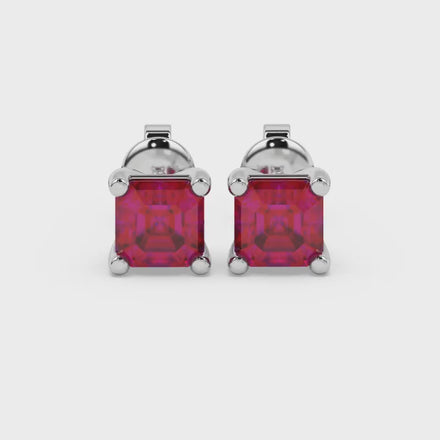 Asscher cut gemstone stud earrings in gold with four-prong basket setting and screw-back closure