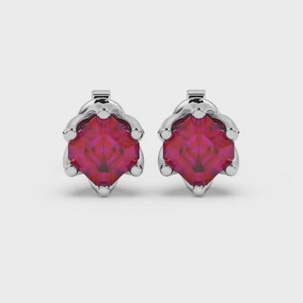 Asscher cut crown stud earrings in gold featuring 5.00 MM gemstones secured in a decorative six-prong crown setting