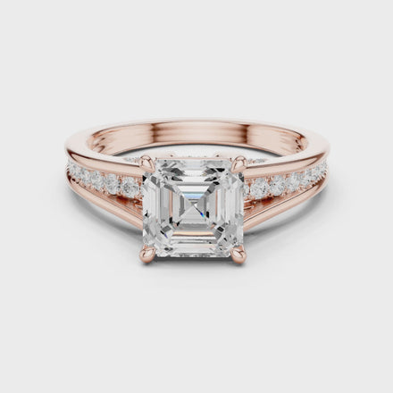 Ladies Asscher split shank diamond ring in gold with Asscher and round lab grown diamonds by Signora Jewels
