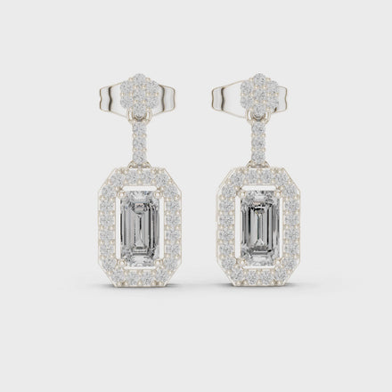 Oval halo lab grown diamond geometric drop earrings in gold by Signora Jewels
