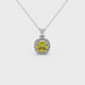 Yellow cushion cut gemstone halo pendant with diamond accents in gold