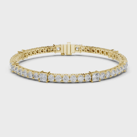 Princess and round lab grown diamond tennis bracelet in yellow white and rose gold with modern mixed shape design