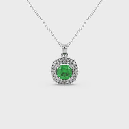 Green cushion cut gemstone double halo pendant in rose gold
