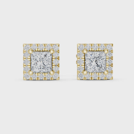 Princess cut halo diamond stud earrings in gold with lab grown diamonds by Signora Jewels