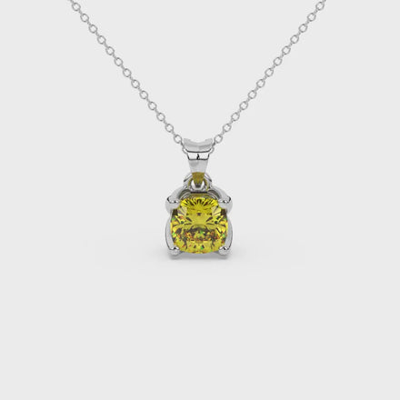Yellow cushion cut solitaire pendant with tulip basket setting in rose gold