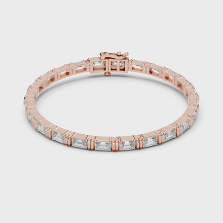 Emerald cut lab grown diamond tennis bracelet in yellow gold white gold and rose gold with sleek modern diamond layout