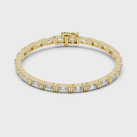 Emerald cut lab grown diamond tennis bracelet in yellow gold white gold and rose gold with sleek modern diamond layout