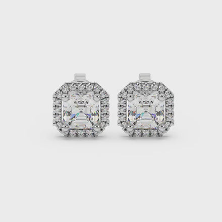 Asscher cut halo gemstone stud earrings in gold featuring 5.00 MM center gemstones surrounded by sparkling round diamond halos