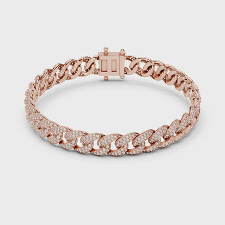 Iced Cuban link lab grown diamond bracelet in yellow gold white gold and rose gold with pave set round diamonds