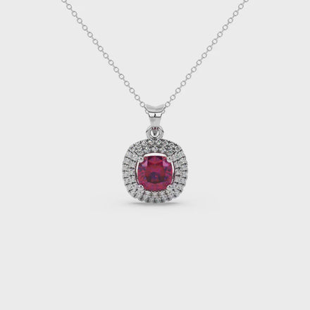 Red cushion cut gemstone double halo pendant in rose gold