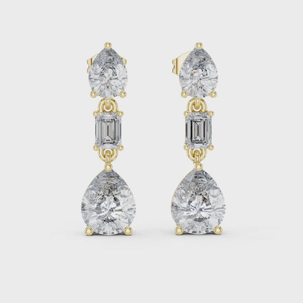 Pear and emerald cut lab grown diamond drop earrings in gold by Signora Jewels