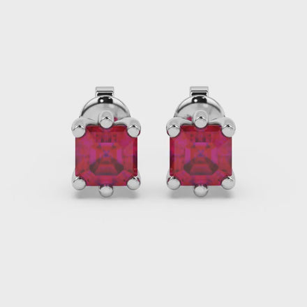 Asscher cut gemstone stud earrings in gold with six-prong basket setting and screw-back closure