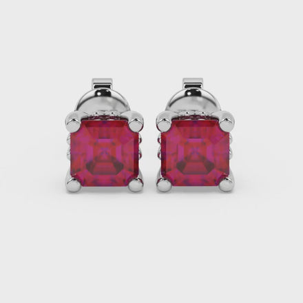 Asscher cut solitaire stud earrings in gold featuring 5.00 MM square gemstones in a classic four-prong setting