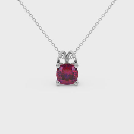 Red cushion cut gemstone pendant with diamond accent basket setting in rose gold