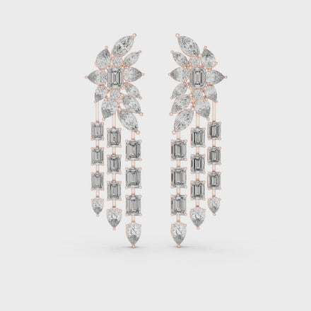 Luxury multi shape lab grown diamond chandelier earrings in gold with emerald, pear and marquise diamonds by Signora Jewels