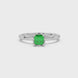 Green Asscher cut solitaire ring in gold featuring a floral-inspired four-prong basket setting with a 5.00 MM center gemstone