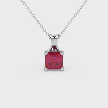 Red Asscher cut solitaire pendant in gold featuring a 5.00 MM gemstone in a four-prong basket setting