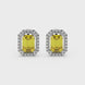 Emerald cut yellow gemstone halo stud earrings with round diamond accents