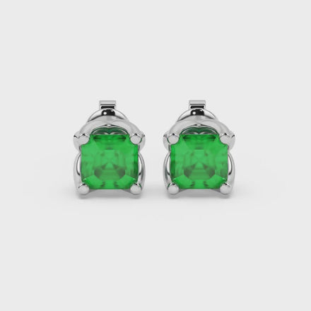Green Asscher cut floral stud earrings in gold featuring 5.00 MM gemstones in a sculpted four-prong bloom setting