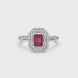 Emerald cut red gemstone double halo ring with octagonal diamond frame in gold