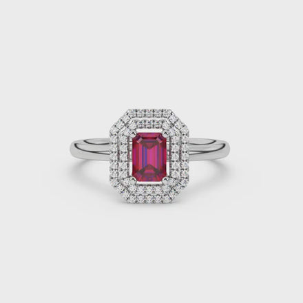 Emerald cut red gemstone double halo ring with octagonal diamond frame in gold