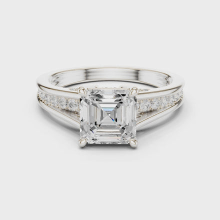 Ladies Asscher split shank diamond ring in gold with Asscher and round lab grown diamonds by Signora Jewels