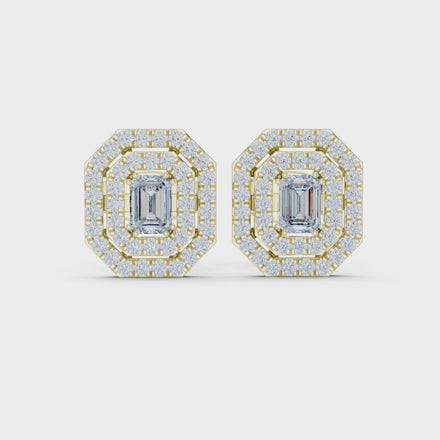 Emerald cut halo lab grown diamond stud earrings in gold by Signora Jewels