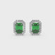 Emerald cut green gemstone halo stud earrings with round diamond accents