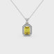 Emerald cut yellow gemstone halo pendant with round diamond accents