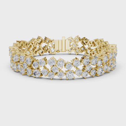 Multi shape lab grown diamond tennis bracelet with clustered round diamond design in yellow white and rose gold