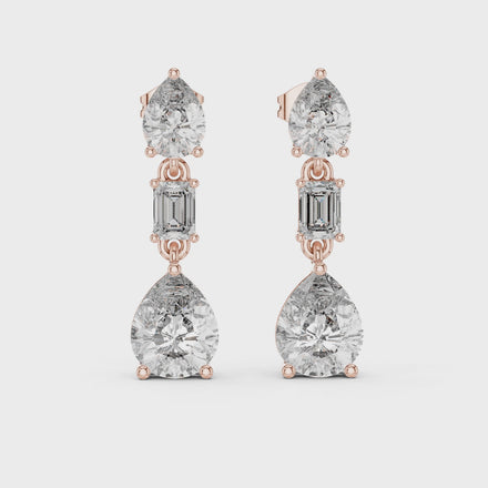 Pear and emerald cut lab grown diamond drop earrings in gold by Signora Jewels