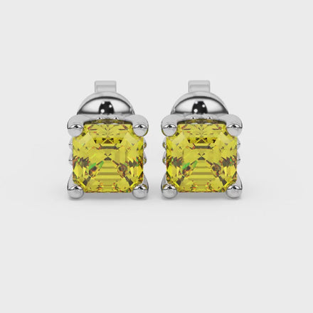 Asscher cut solitaire stud earrings in gold featuring 5.00 MM square gemstones in a classic four-prong setting