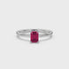 Emerald cut red gemstone halo ring with sparkling round diamond halo in rose gold