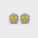 Asscher cut halo gemstone stud earrings in gold featuring 5.00 MM center gemstones surrounded by sparkling round diamond halos