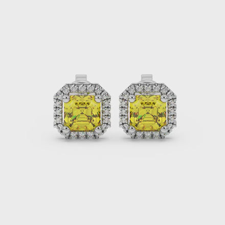 Asscher cut halo gemstone stud earrings in gold featuring 5.00 MM center gemstones surrounded by sparkling round diamond halos