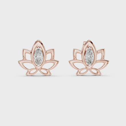 Lotus pink stone stud earrings in gold with marquise cut center stone