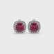 Red cushion cut gemstone stud earrings with double diamond halo in gold