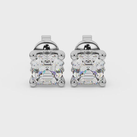 Asscher cut solitaire stud earrings in gold featuring 5.00 MM square gemstones in a classic four-prong setting