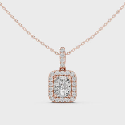 Cushion cut halo diamond pendant in gold with lab grown diamonds by Signora Jewels