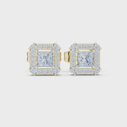 Princess cut halo lab grown diamond stud earrings in gold by Signora Jewels