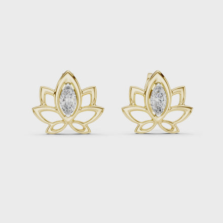 Lotus pink stone stud earrings in gold with marquise cut center stone