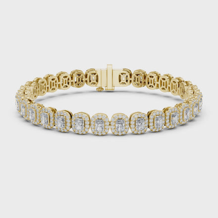 Radiant cut halo lab grown diamond tennis bracelet in yellow gold white gold and rose gold with luxury diamond links